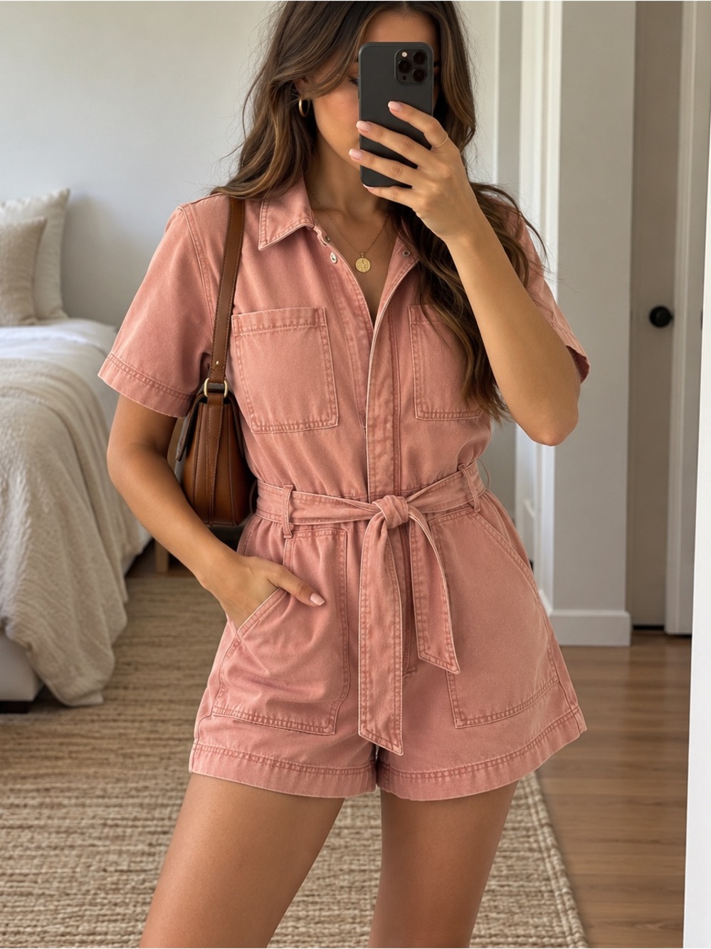 Future Collective Pink Utility Romper Belted Denim Jumpsuit Large